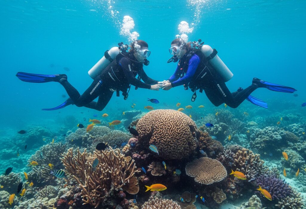 Two scuba divers swim above a vibrant coral reef, holding hands and surrounded by colorful fish and rising air bubbles.