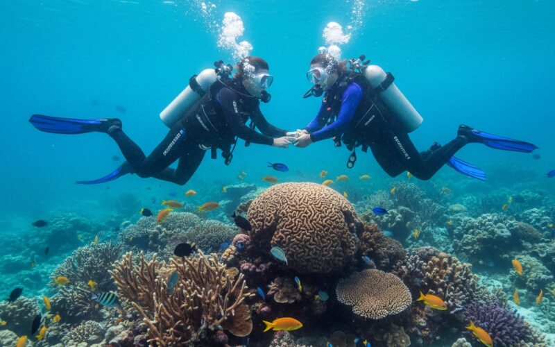 Two scuba divers swim above a vibrant coral reef, holding hands and surrounded by colorful fish and rising air bubbles.